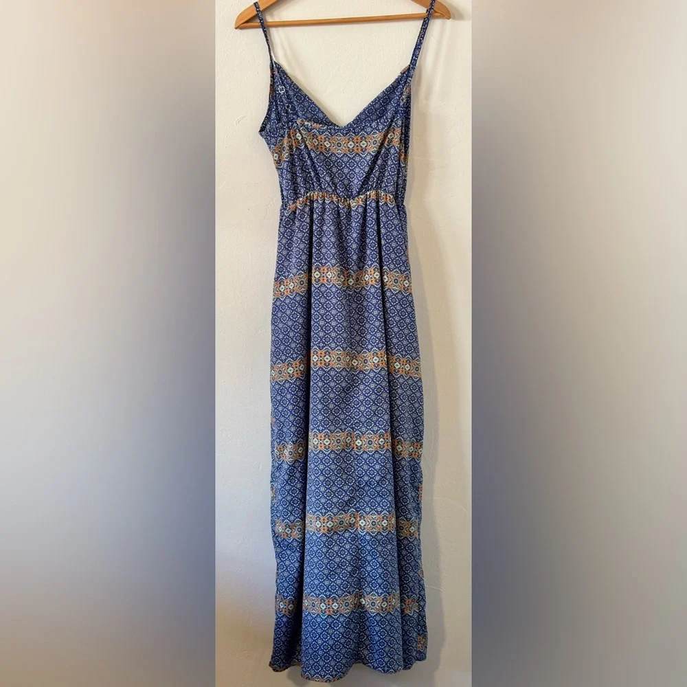 🌸 Peach Royal Boho Maxi Size Medium Blue/Teal/Orange Graphic Print Dress